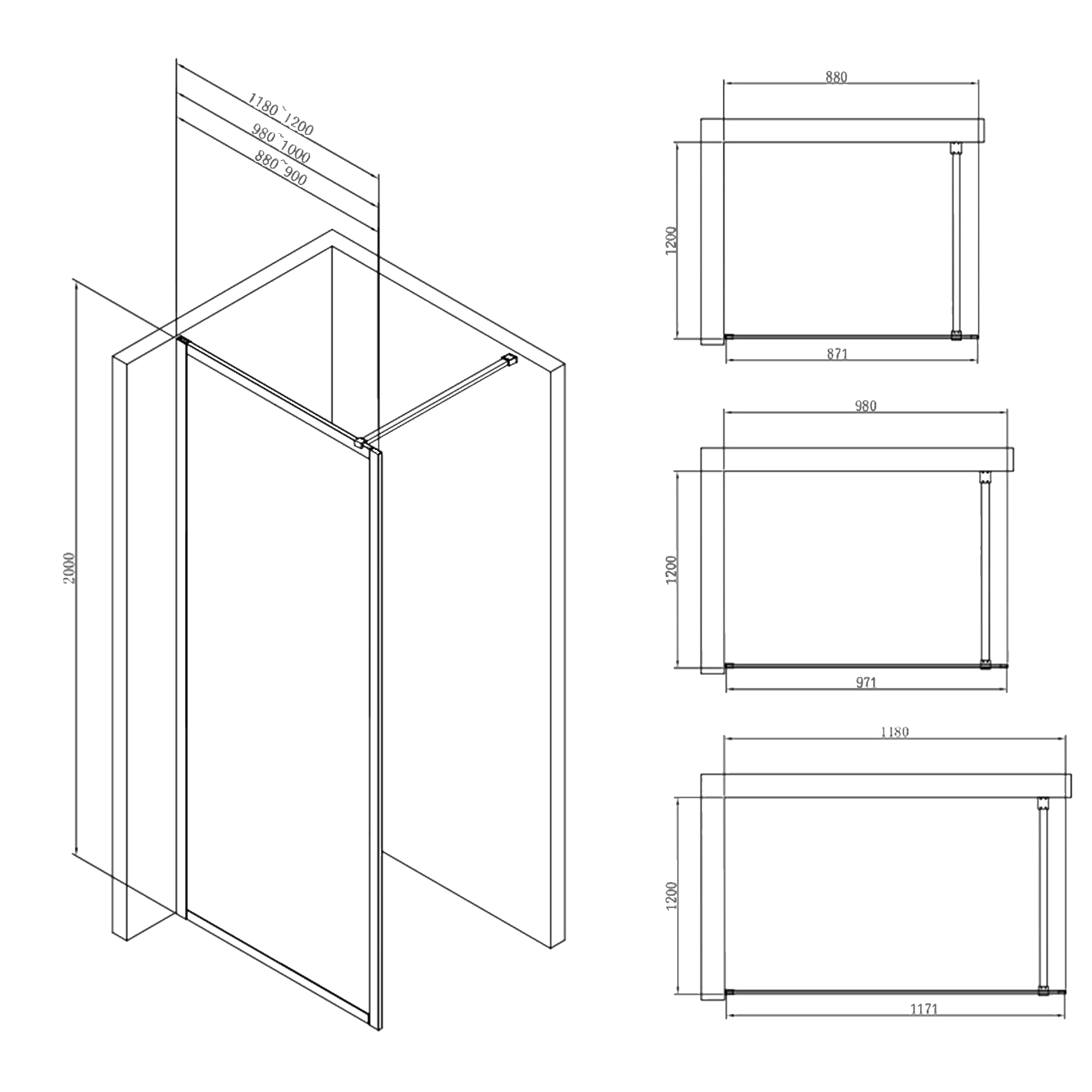 Sch&eacute;ma dimensions - Paroi de douche EXTATY 5 configuration 1